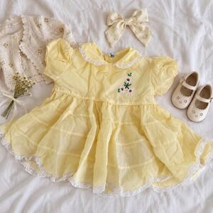 60s Vintage yellow floral embroidered baby dress size 12 month